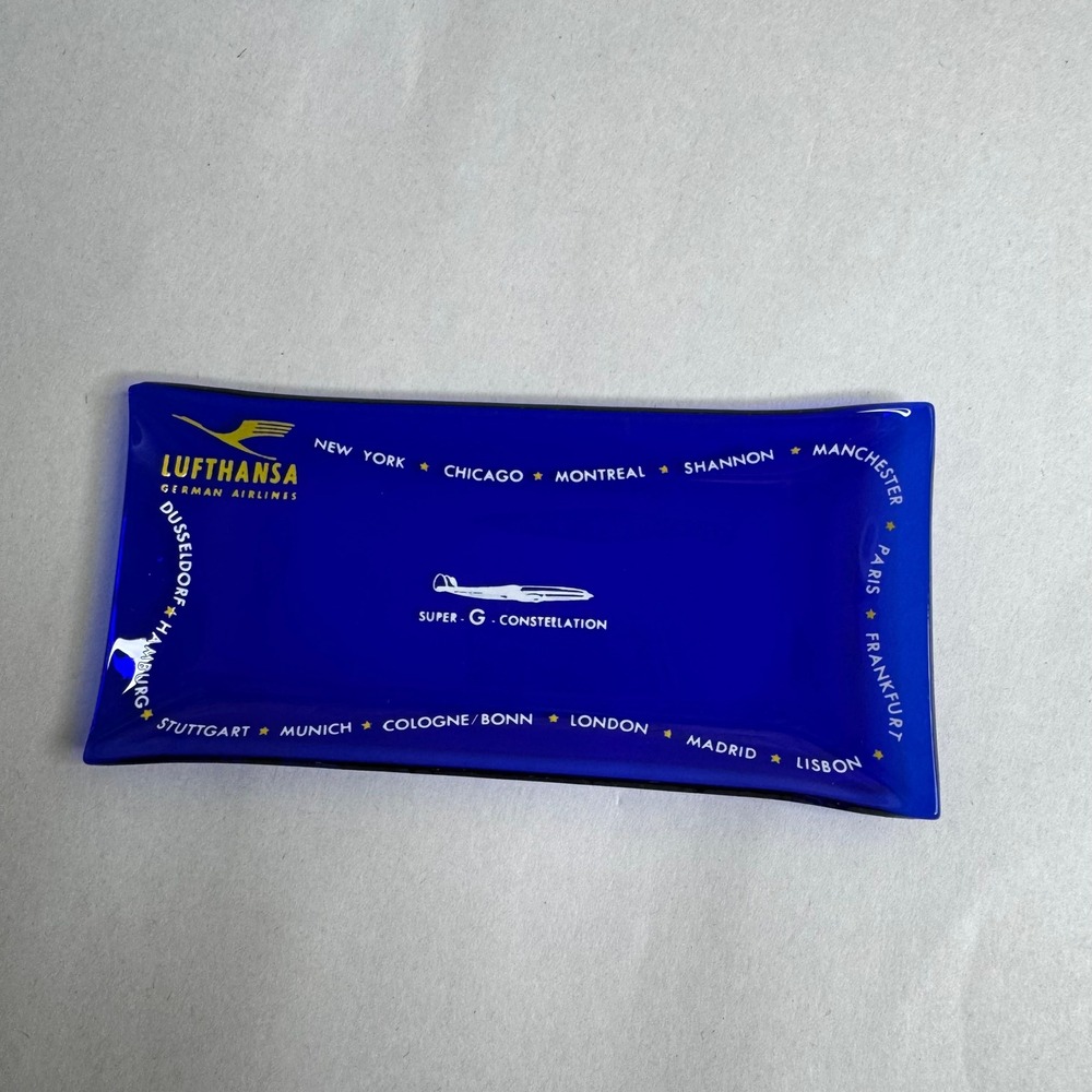 Vintage Lufthansa German Airlines Cobalt Blue Glass Super G Constellation Tray